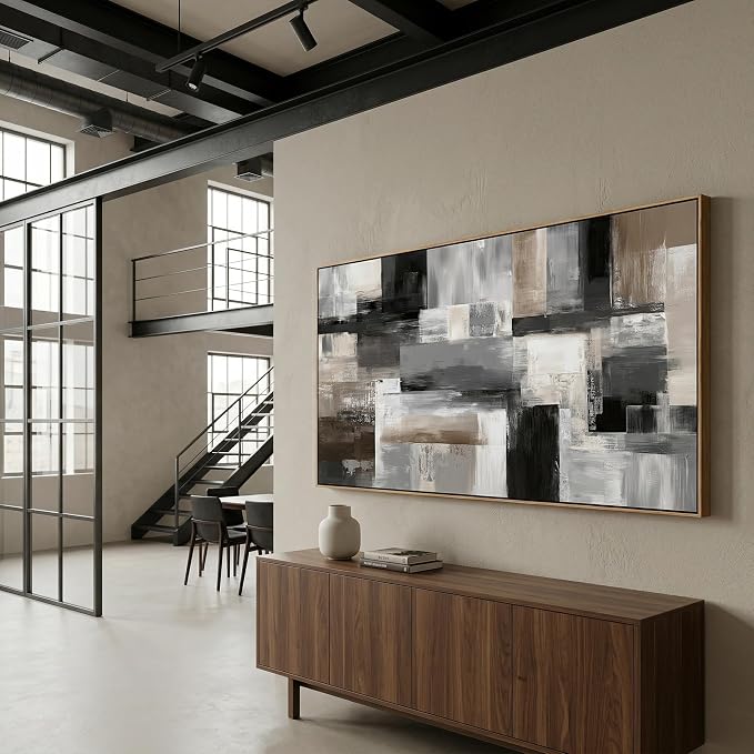 HUADAOART 20x40 Inch Large Framed Canvas Wall Art Modern Abstract Geometric Painting with Neutral Black Grey Beige Blocks Minimalist Textured Artwork Ready to Hang for Living Room Bedroom Home Office Decor