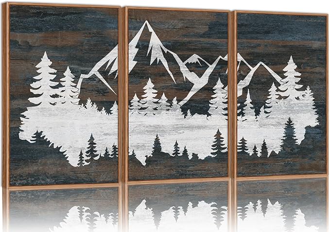Rantodecor Vintage Mountain Framed Canvas Wall Art, White Snowy Nature Landscape Wall Decor, Rustic Wilderness Forest Art Paintings, Modern Farmhouse Artwork for Bedroom Living Room Office 24"x36"x3
