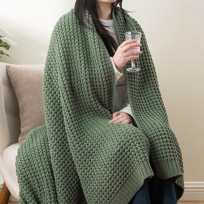 Bunnikins & Clover Knitted Waffle Throw Blanket 60x80 Inches, Sage Green Throw Blanket for Couch, Soft Cozy Chenille Knit Blanket Warm Decorative Throw for Sofa