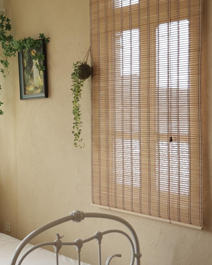 27" Wx72 H Bamboo Blinds Roller Shades for Indoor Windows, Blackout Bamboo Curtain Roll Up wiht Cord, Privacy Roman Shade for Interior/Exterior Windows, Mounting Hardware Included