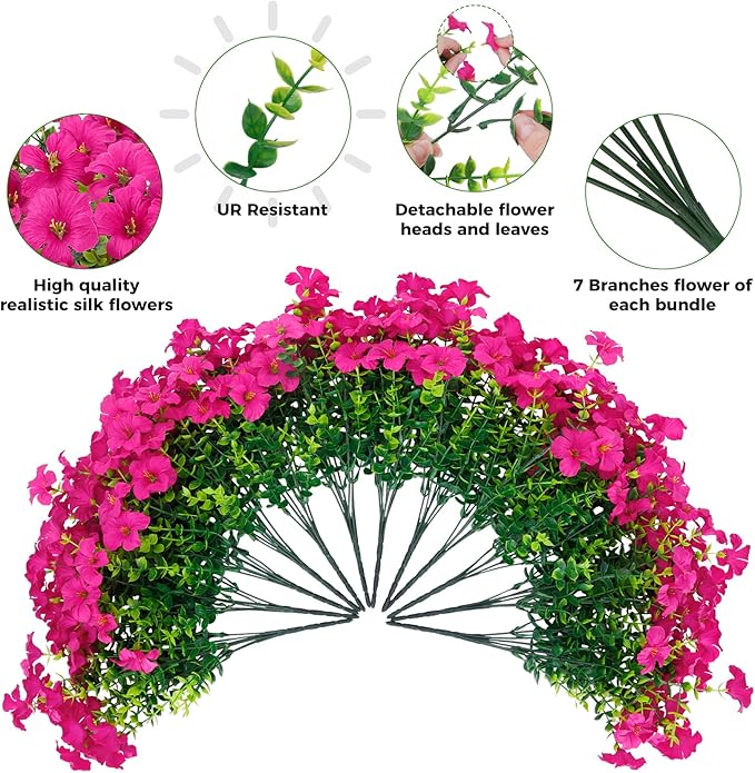 20 Bundles Artificial Petunias Flowers for Outdoors, Faux Silk Flowers UV Resistant Realistic Fake Plants for Outside Planters Porch Patio Yard Garden Spring Summer Home Decor, Fuchsia