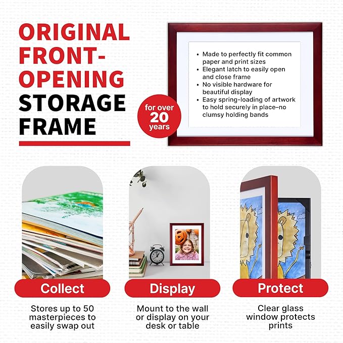 Dynamic Frames Li’l Davinci Art Cabinet, Stores up to 50 Pieces of 9x12 inch Art, Outer Wooden Frame 11.75 x 14.75 inches, Kids Art Frame, Front Opening, Universal Hanging, Cherry