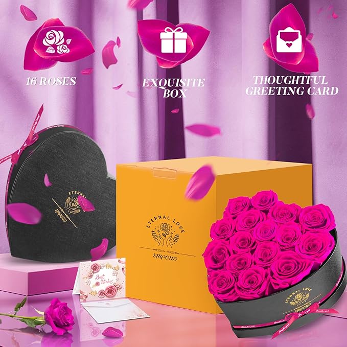 Impouo 16 Pcs Preserved Flowers Rose in a Heart Shape Box,Preserved Flowers,Gifts for Women,Mothers' Day,Valentine's Day or Valentine’s Day,Pink Roses