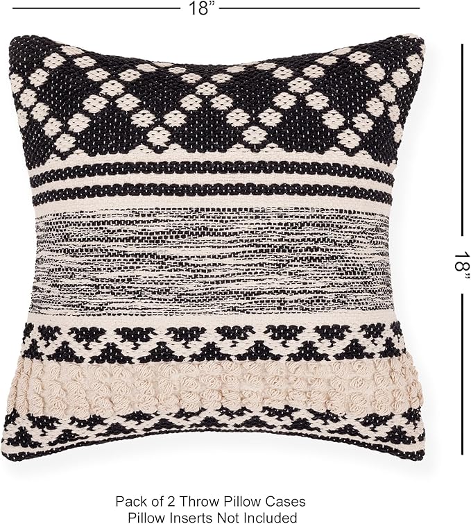 REDEARTH · Handmade Boho Throw Pillow Covers - Bohemian Chic Farmhouse Style - Accent Woven Indoor and Outdoor Pillow Cushion Cases for Couch - Bed - Sofa – Set of 2-18"x18" - Mosaic Trellis Black