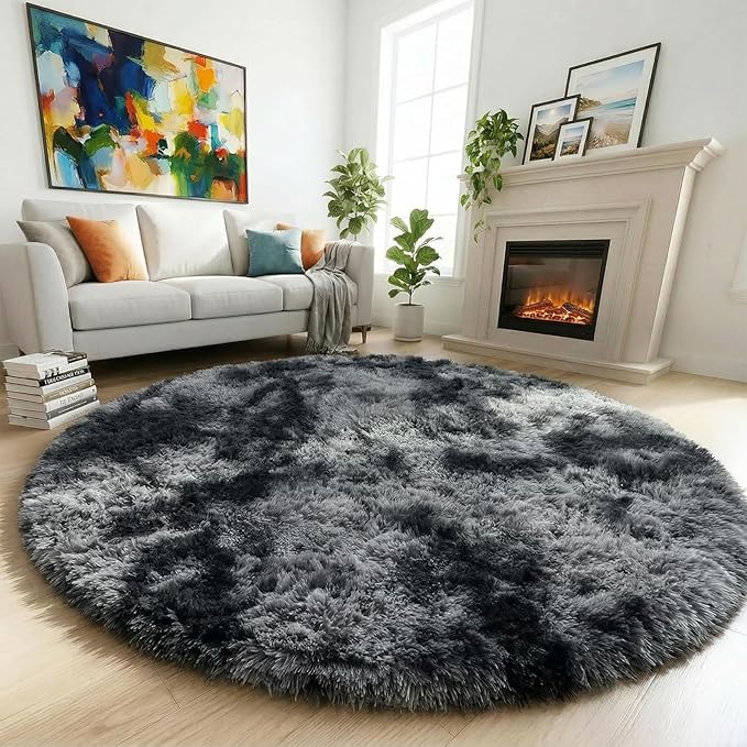 Amdrebio Tie-Dyed Dark Grey Round Area Rugs for Living Room, 7x7 Rug, Soft Thick Large Circle Rug for Bedroom, Big Shag Fluffy Plush Carpet for Mens Boys Kids Room, Modern Cool Furry Circular Rug