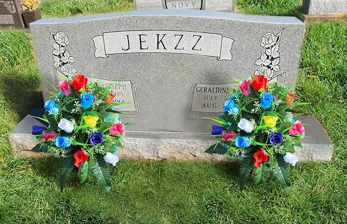 LVXINLI 2 Sets Artificial Cemetery Flowers,Outdoor Grave Decorations Roses,Beautiful Arrangements Bouquet with Cemetery Vase,Lasting and Non-Bleed Colors (Colorful)