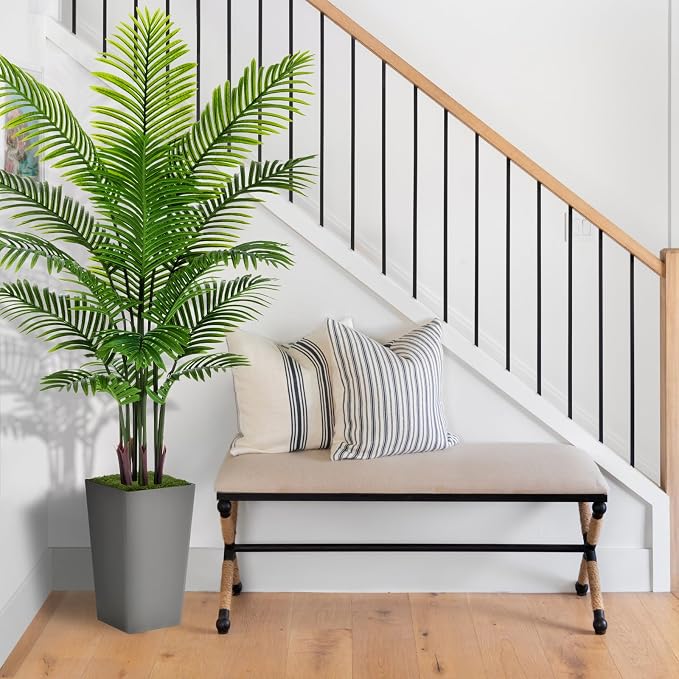 Artificial Palm Tree 6FT - Fake Tree with Gray Tall Planter - Faux Tropical Areca Floor Plant in Pot - Artificial Silk Plant for Home Office Living Room Decor Indoor