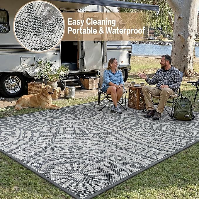 HUGEAR 6x9 Outdoor Boho Rug Grey Patio Waterproof Rug Home Decor Reversible Plastic Straw Rugs Outside Indoor Floor Mat for Camping Balcony RV Deck Porch Pool Backyard