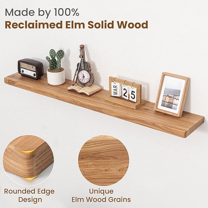 Floating Shelves for Wall, 48"Wx8"D Rustic Solid Elm Wood Floating Shelves Wall Mounted, Round Edge Wall Shelves with Invisible Bracket for Living Room Bathroom Bedroom Kitchen, Set of 1, Natural