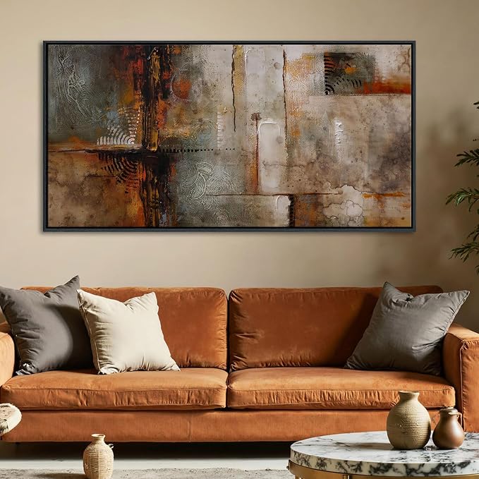 YDYSUNE Large Framed Abstract Wall Art Brown Subtle Textured Canvas Picture & Painting | Ready to Hang Artwork Decor for Living Room, Bedroom Decoration Easy to Hang 24×48 INCHES