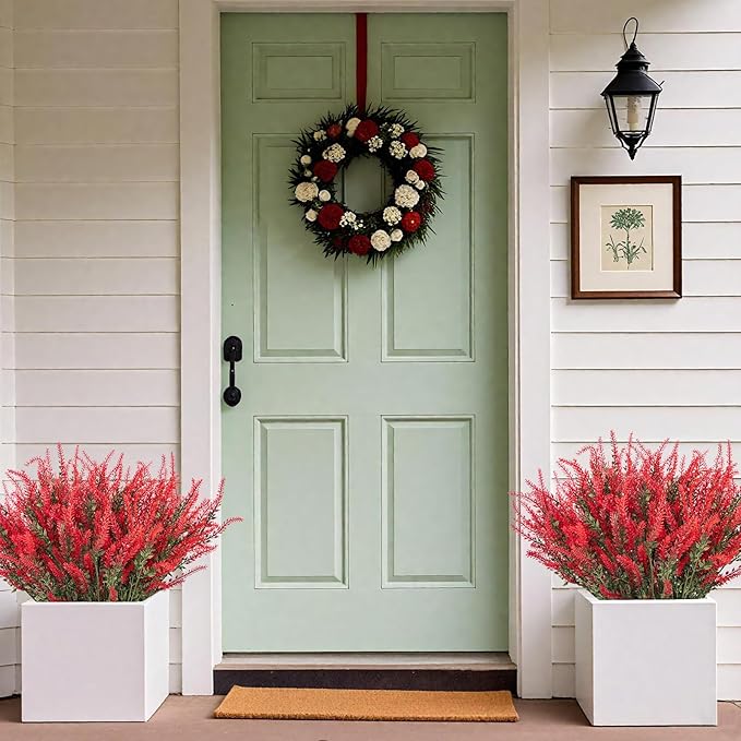 Ouddy Decor 24 Bundles Artificial Lavender Fake Flowers Faux Plastic Plants for Home Wedding Kitchen Garden Patio Window Box Office Table Centerpieces Indoor Outdoor Decor, Red