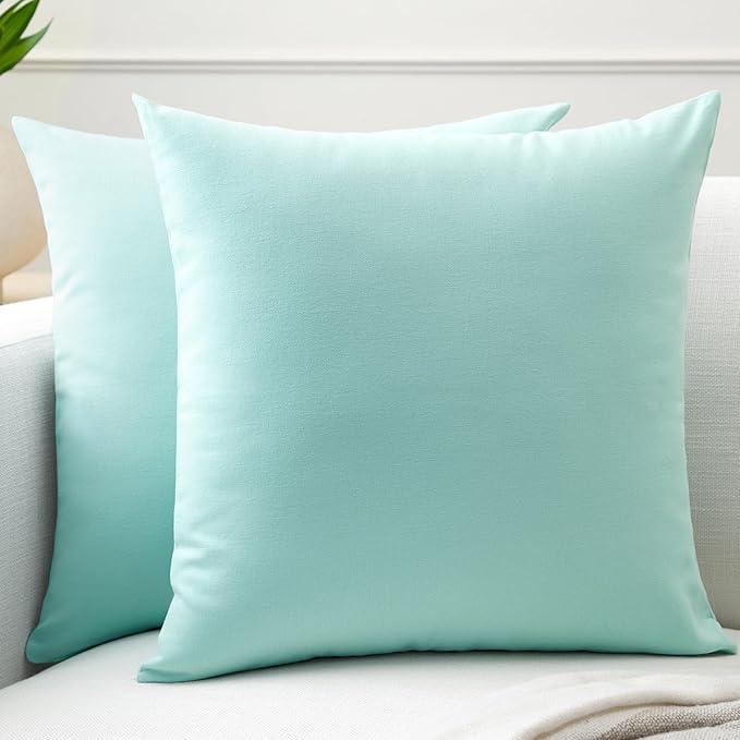 Encasa XO Throw Pillow Covers 18x18 in Set of 2 Egg Blue | No Inserts | Cotton Pillow Covers for Living Room, Bed, Sofa, Couch | Decorative Cushion Covers with Improved Zipper