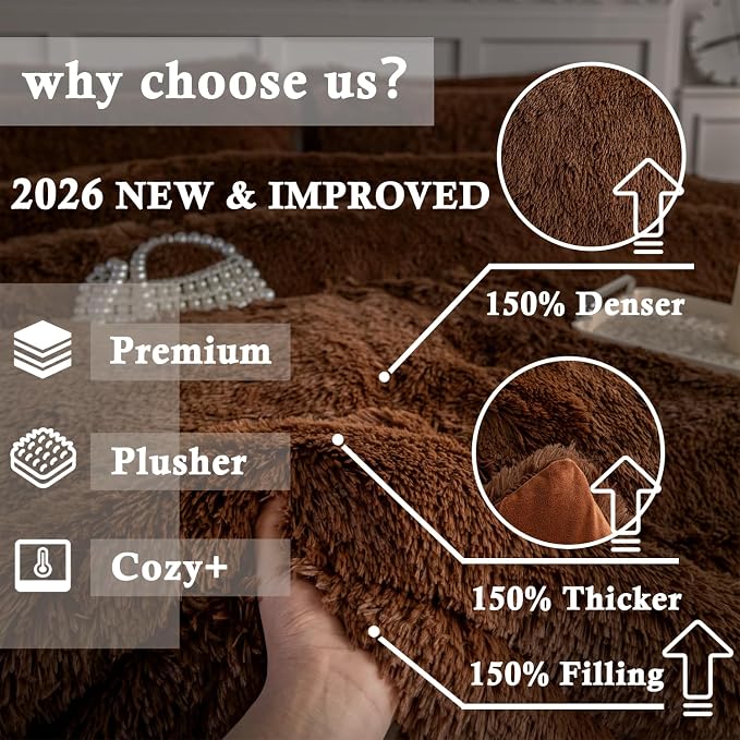 chovy Faux Fur Plush Coffee Comforter Sets King - Ultra Soft Shaggy Flannel Velvet Fluffy Fuzzy 3PC Bedding Set （Comforter x 1 Pillowcases x 2）
