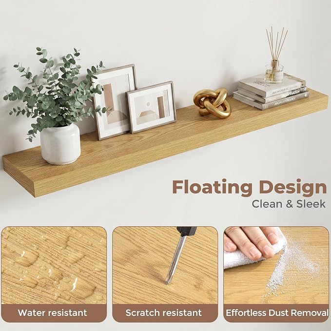 48 Inch Floating Shelves for Wall, 8"D Wood Storage Shelves, Oak Finish | Engineered Wood, Invisible Bracket, Large Storage, Easy Install, Hold Up to 77lbs, Living Room, Bathroom, Bedroom, Kitchen