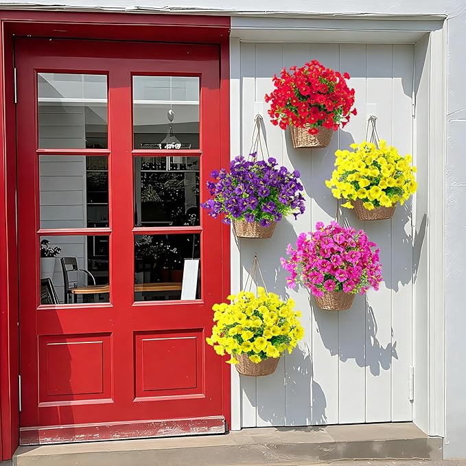Ouddy Decor 24 Bundles Artificial Flowers for Outdoors Decoration Fake Silk Morning Glory Flowers Faux Eucalyptus Plants UV Resistant for Porch Patio Garden Spring Summer Home Decor, Multicolor