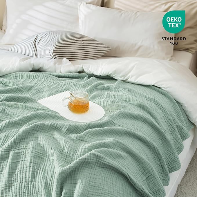 Carriediosa 100% Cotton Muslin Throw Blanket 66" X 90" Twin XL Size，4-Layers Summer Gauze Throws for Bed Couch，Soft Lightweight Breathable Linen Blankets Bedspread for Adults All Season，Sage Green
