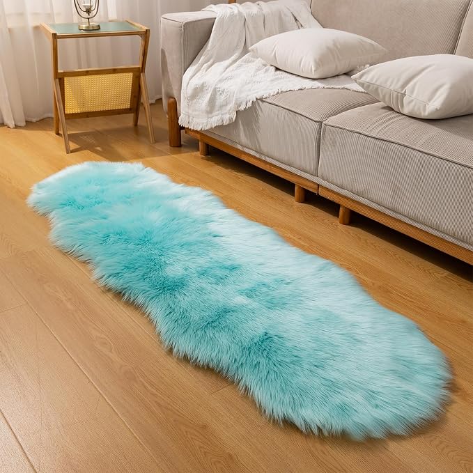 Faux Fur Sheepskin Runner Rug Blue 2x6 ft Ultra Soft Shaggy Plush Fluffy Fuzzy Area Carpet Decorative Chair Cover Floor Mat for Bedroom Sofa Living Room Bedside