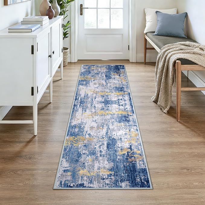 RELEANY Washable Area Rugs 2x7 Non-Slip Modern Abstract Soft for Living Room Entryway Bedroom Nursery, Print Pattern, Grey Blue Gold/Golden
