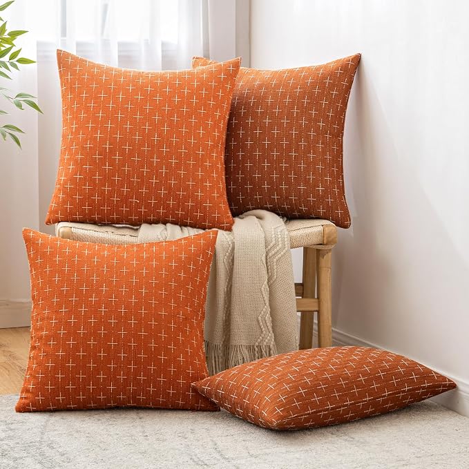 MIULEE Pack of 2 Decorative Burlap Linen Throw Pillow Covers Modern Farmhouse Pillowcase Rustic Woven Textured Cushion Cover for Sofa Couch Bed 16x16 Inch Burnt Orange