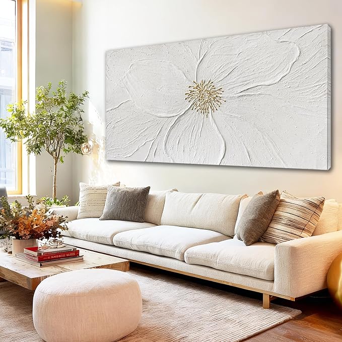 Large Floral Abstract Wall Art, Hand Painted Textured Canvas with Soft Organic Petal Forms, Ivory and Beige Tones with Gold Accents, Oversized Modern Statement Wall Decor, Gallery Wrapped, 29×58 Inch