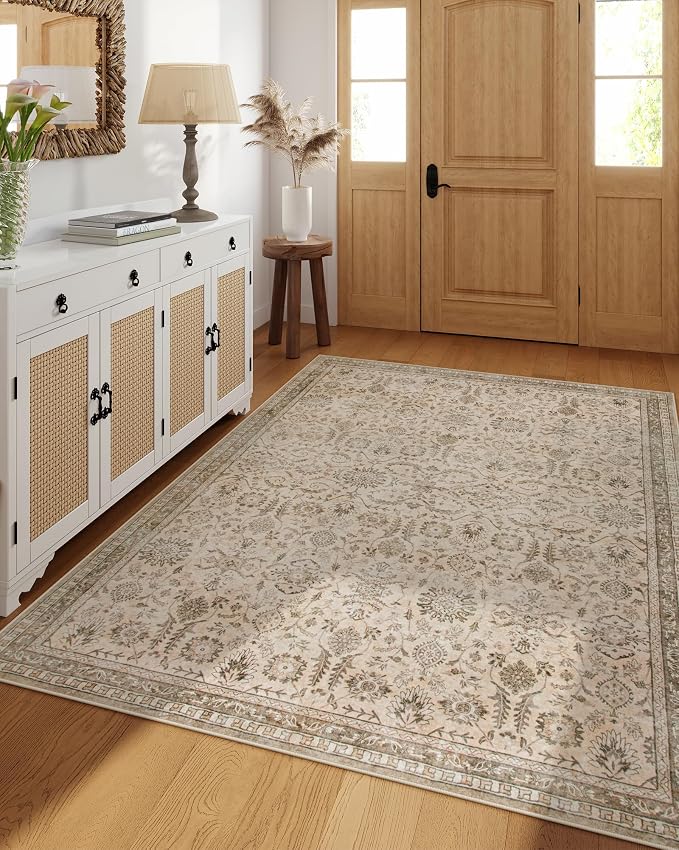 Lahome Boho Beige Rugs for Living Room, 5x7 Vintage Soft Bedroom Area Rug | Soft Vintage Stain Resistant Non Shedding Nursery Carpets for Nursery