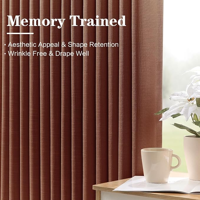 YZ HOME 90 Inch Curtains Pinch Pleated Linen Curtain for Living Room, Reddish Brown Light Filtering Pleat Drapes Textured Thick Ceiling Semi-Sheer Curtain with Hooks for Bedroom Study Room, 2 Panels