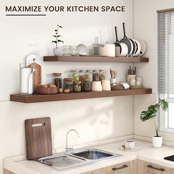 55" Wide x 10" Deep Floating Shelves for Wall, Walnut Finish, 1-Pack | Engineered Wood Wall Shelves with Invisible Brackets for Living Room, Bedroom, Bathroom, Office & Kitchen Storage
