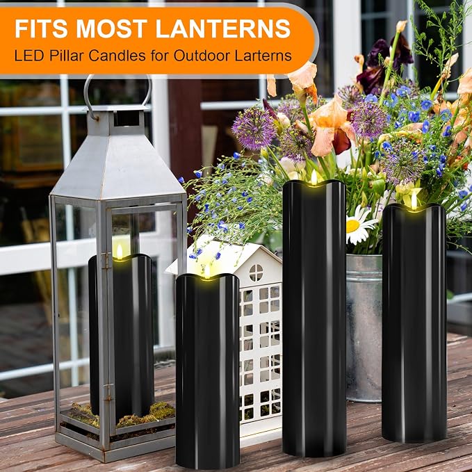 Rossesay 8" 10" 12" 14" X 4" Large Waterproof Outdoor Flameless Candles, 4 Pcs LED Pillar Candles with Remote and Timers Battery Operated Jumbo Flickering for Home Patio Church Lanterns(Black)