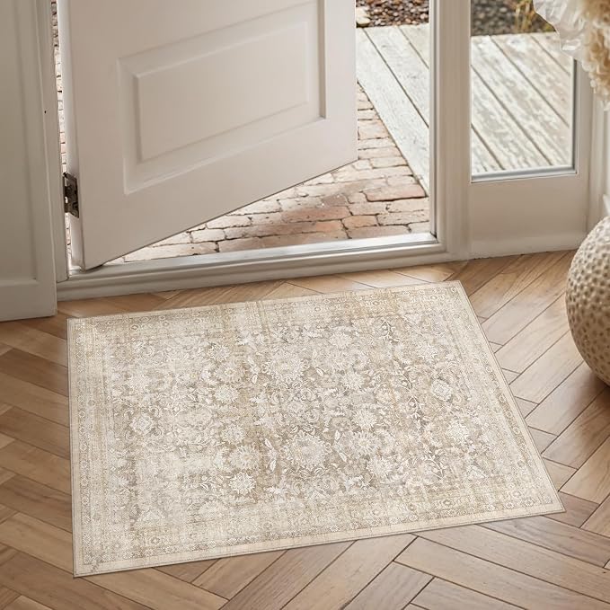 2x3 Beige Washable Neutral Area Rug for Entryway Non Slip Soft Thin Throw Rug Floral Durable Low Pile Carpet Modern Stain Resistant Door Mat for Living Room Laundry Kitchen Office Playroom