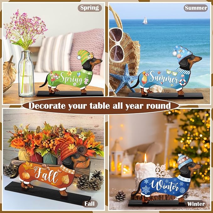 42 Pcs Interchangeable Summer Dachshund Holiday Wiener Dog Decor Seasonal Welcome Sign Tier Tray Decoration Ornament Farmhouse Wood Home Office Desk Accessories for Women Pet Lover Gift
