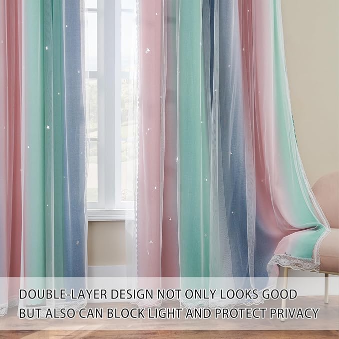 XiDi Pink Grey Green Girls Curtains for Bedroom Rainbow Blackout Short Curtains for Kitchen Cafe Window Room Darkening Kids Childs Nurser Room Wall Decor 54 inches Long 34 inches Wide 2 Panels Set