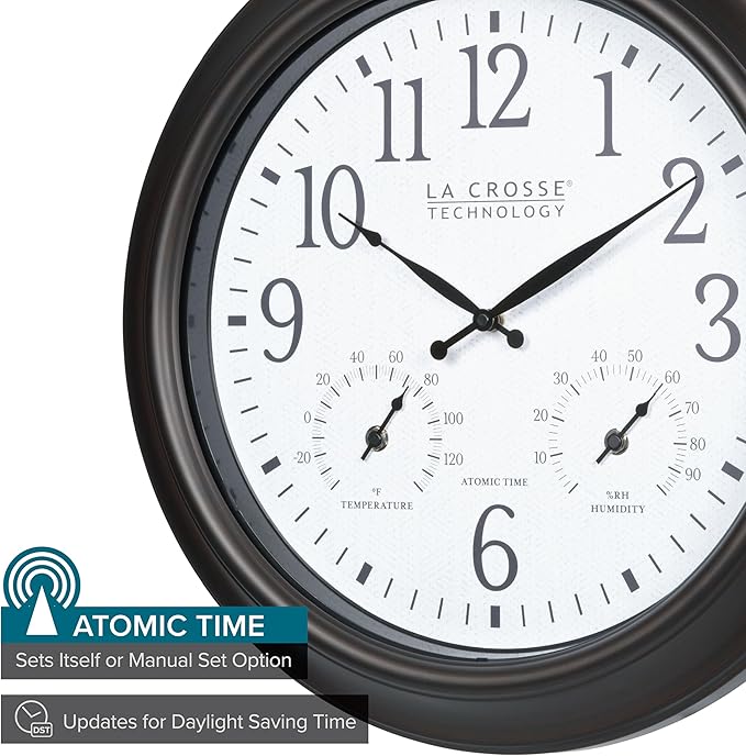 La Crosse Technology 404-89027-INT 18-inch Indoor/Outdoor Brown Atomic Analog Wall Clock