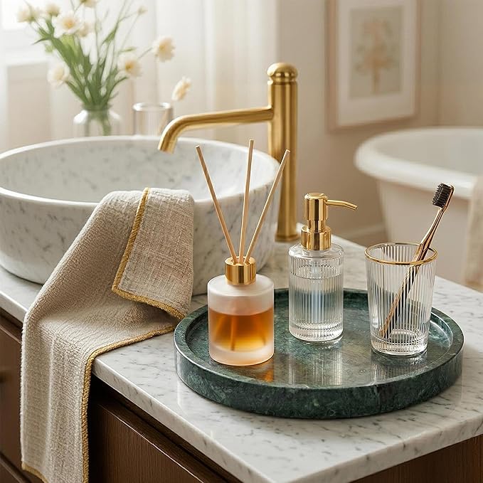 Natural Marble Decorative Tray for Bathroom Bedroom Kitchen, Large 10.6" Round Vanity Trays for Jewelry, Perfume, Cosmetic, Candle, Countertop Storage Organizer for Home Decor Green (WH110)