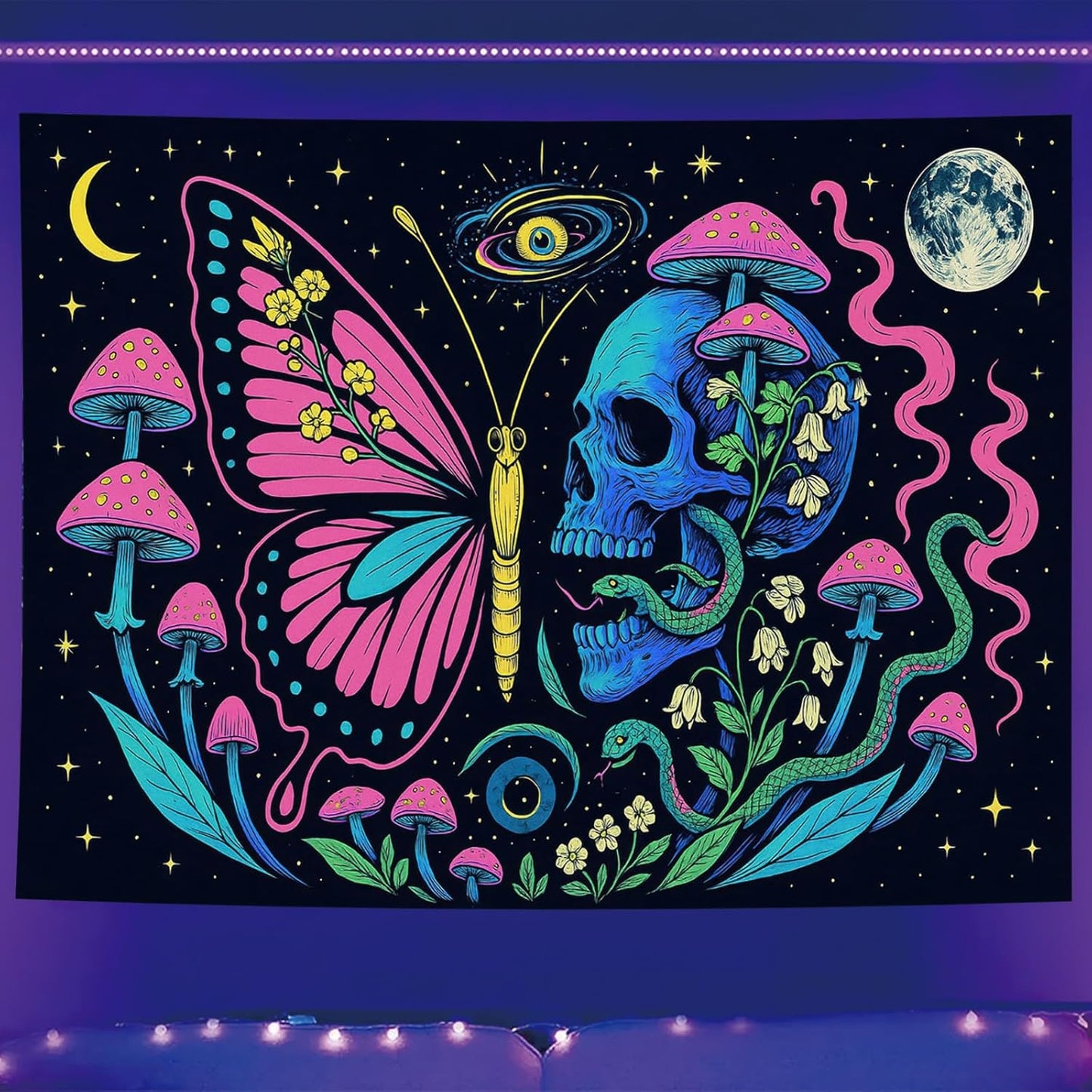 Starlit Patio Butterfly Skull Blacklight Tapestry UV Reactive Wall Hanging Mushrooms Snake and Cosmic Moon for Bedroom Dorm Living Room Glowing Psychedelic Decor Fluorescent Trippy Poster 78 x 59 Inch