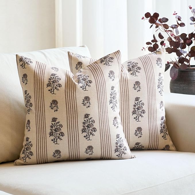 Amor Virisso Floral Throw Pillow Covers 20x20 Set of 2 Block Print Pillow Covers Neutral Floral Striped Farmhouse Decorative Pillow Covers for Sofa Couch Bed, Brown