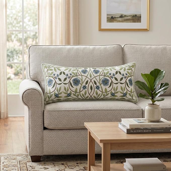 ISAENNE Designer Linen Throw Pillow Cover,Set of 2,28"x12"-Mosella A | Vintage Elegant Rectangle Decor Pillow Cover,Concealed Zipper Design,Floral Pattern,Sofa,Bedroom,Living Room,Lounge Chairs