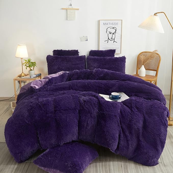 XeGe Plush Shaggy Duvet Cover Set, Luxury Ultra Soft Crystal Velvet Fluffy Furry Bedding Sets 3 Pieces(1 Faux Fur Fuzzy Comforter Cover + 2 Faux Fur Throw Pillow Shams), Zipper Closure (King, Purple)