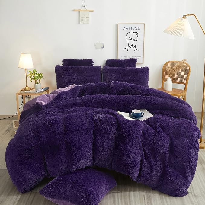 XeGe Plush Shaggy Duvet Cover Set, Luxury Ultra Soft Crystal Velvet Fluffy Furry Bed Set 2 Pieces(1 Faux Fur Fuzzy Comforter Cover + 1 Faux Fur Throw Pillow Case), Zipper Closure (Twin, Purple)