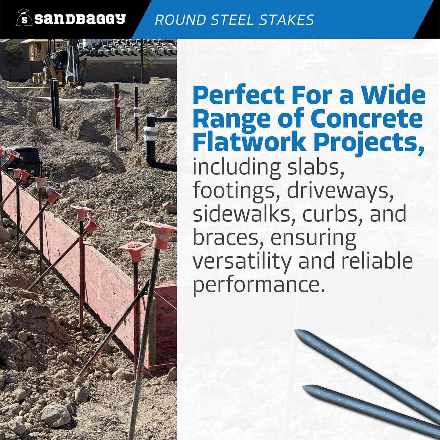 Sandbaggy Round Steel Concrete Form Stakes with Nail Holes - Rust Resistant Coating - Removable, Reusable (20, 3/4 in X 24 in)