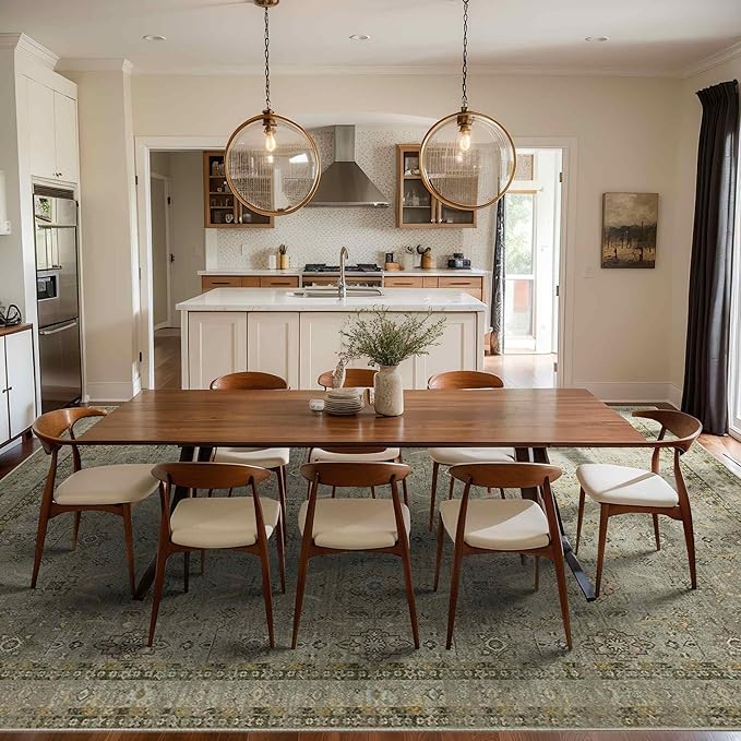 Rugxara 9x12 Area Rugs for Living Room Bedroom, Large Washable Rug, Vintage Floral Boho Rug, Non Slip & Low Pile Faux Wool Thin Carpet for Indoor Dining Room and Kids Room(Olive Brown 9x12ft)