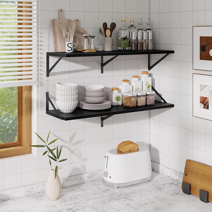 Acovy Black Deep Floating Shelves for Wall,36" Wx10 D Wood Wall Shelves with Metal Brackets,Hanging Storage Floating Shelf for Living Room,Bedroom,Bathroom,Office,Kitchen