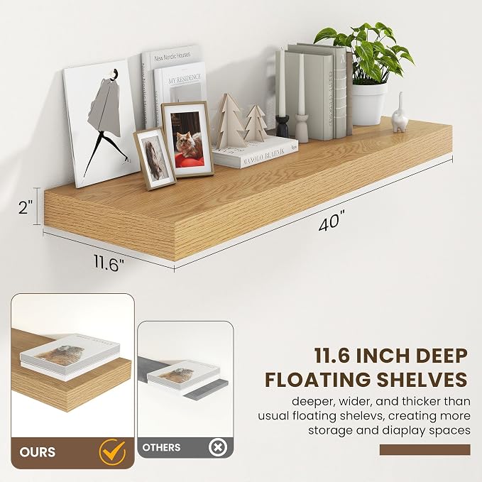 FLYJOE Deep Floating Shelves | 40 Inch Oak Floating Shelves Set of 2 | 12 Inch Deep Wood Wall Shelves | 40" W x 12" D Oak Shelves for Bathroom Living Room Kitchen Laundry Room