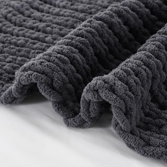 Battilo Chunky Knit Throw Blanket, Soft and Thick Chenille Throw Blanket, 50"x60" Handmade Cable Knit Crochet Blanket, Dark Grey Knot Knitted Throw Blankets for Couch Sofa Bed Home Decor