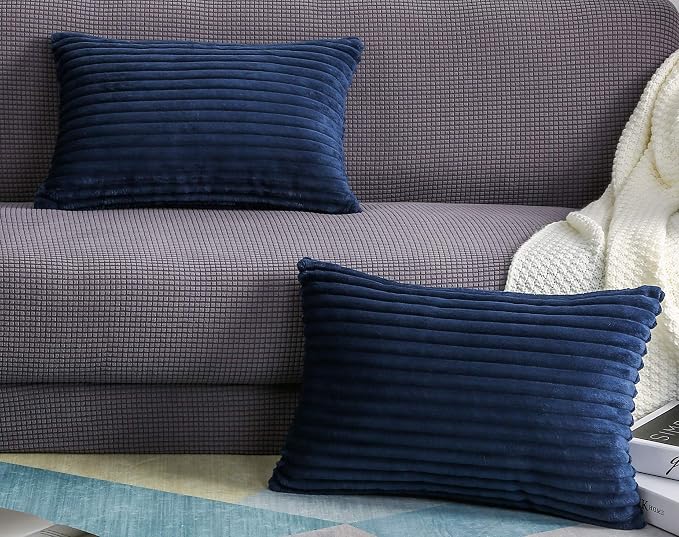 TangDepot Velvet Big Corduroy Pillow Covers 12x18 Navy Blue 2-Pack | Soft wide-stripe corduroy pillow cover, hidden zipper, machine washable, easy refresh, for bedroom living room indoor outdoor