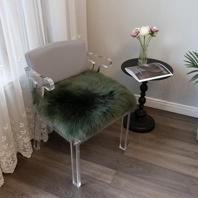 Luxury Genuine Australian Sheepskin Chair Cushion 18x18 Inch, Forest Green, Ultra Soft Fluffy Wool Seat Pad with Non-Slip Back for Dining Chair, Office & Home Decor