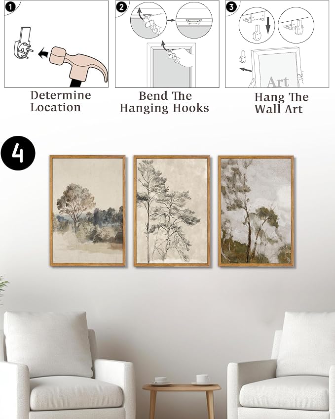 UPWOIGH Neutral Landscape Framed Wall Art, 16 x 24 Inch, Set of 3 | Muted Tree and Countryside Prints, Soft Beige and Gray Tones, Light Wood Frames for Bedroom, Office and Living Room