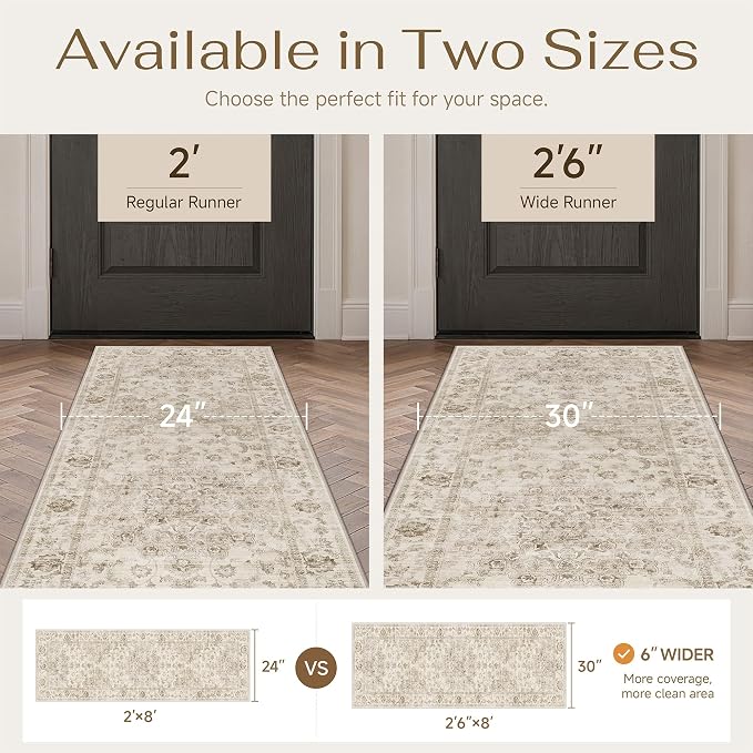 2'6x10 Washable Neutral Runner Rug Beige Vintage Hallway Kitchen Carpet Non-Slip Soft Low Pile Farmhouse Throw Rug for Bedroom Bathroom Laundry Living Room