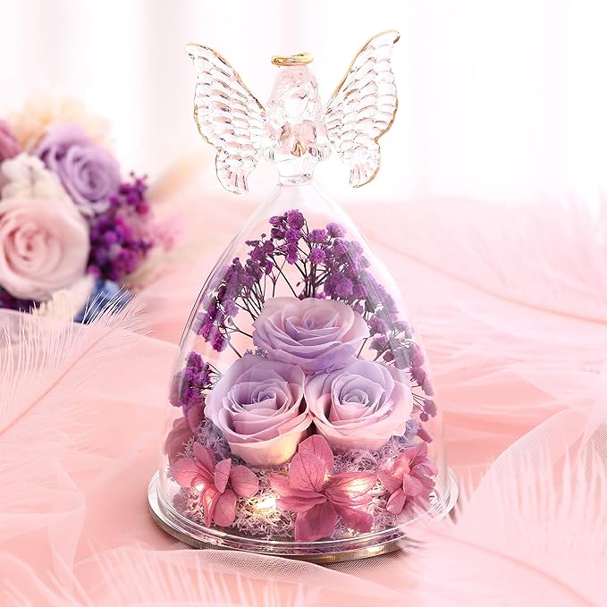 Mothers Day Rose Gifts for Women Preserved Real Flower in Glass Angel Figurines Roses for Delivery Prime Birthday Gifts for Mom Grandma Girlfriend Wife Her, Pinkpurpurple