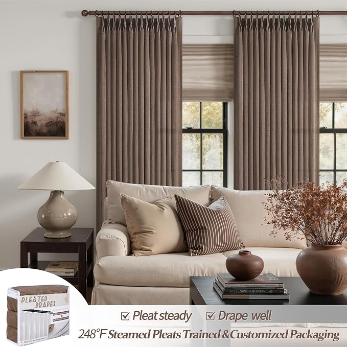 Memory Trained Pinch Pleated 102 Inch Extra Long Curtains for Dining Room, Dark Brown Flax Linen Semi Sheer Privacy Nursery Drapes 2 Panels Set Light Filtering Kids Room Cottage Core Window Curtain
