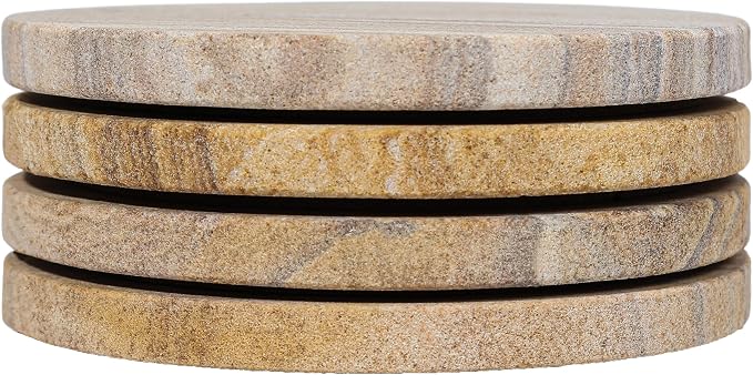Sandstone Water Absorbent Hand Crafted Round Coasters for Drinks - 4 Inches Wide Thirsty Stone Bar/Drink Coasters- Made from Rainbow Sandstone (Set of 4 Without Holder)